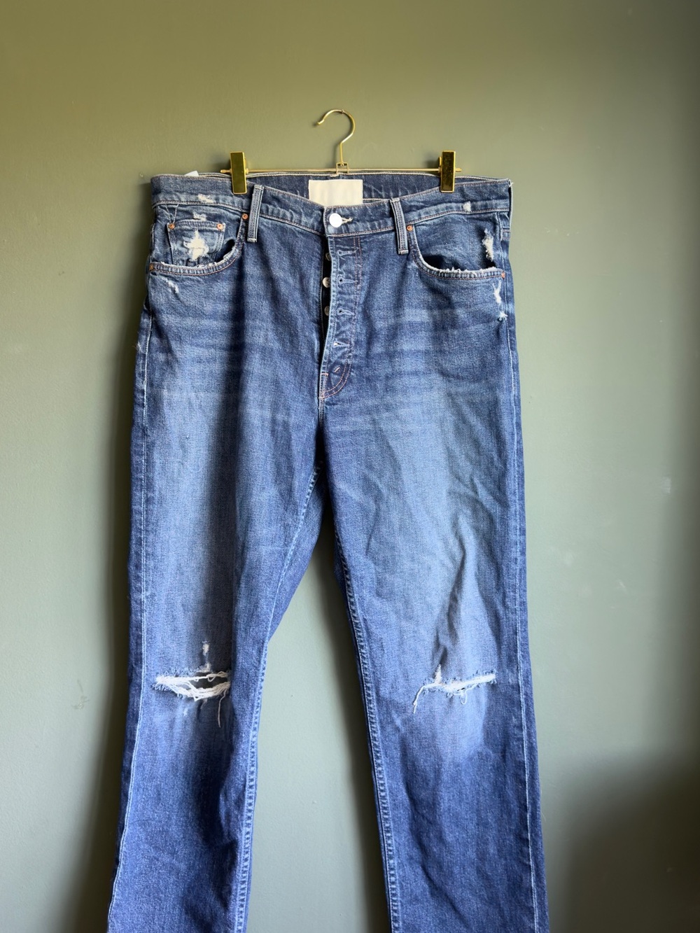 MOTHER Straight Leg Distressed Jeans - Medium Blue
